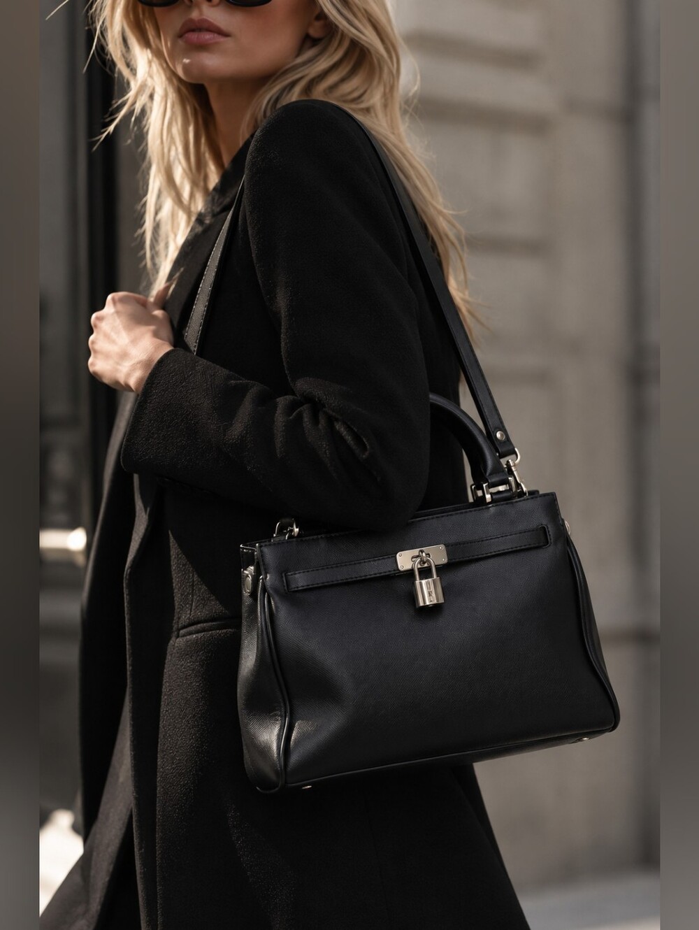 Danier Black Leather Satchel Bag with Padlock Accent